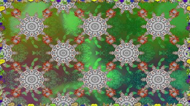 Renkli Bahar Temalı Kusursuz Arkaplan. Düz Çiçek Elementleri Tasarımı. Sevimli çiçek raster deseni. Yeşil renkte çiçekler.