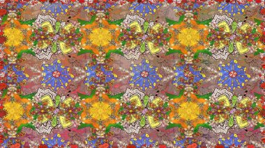 İşlemeli çiçekli, dikişsiz desen. Parmak izi, kumaş, duvar kâğıdı, tekstil için raster dokusu. Renkli grunge soyut arkaplanı colokahverengi çiçeklerle zenginleştirir.