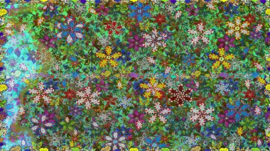 İşlemeli çiçekli, dikişsiz desen. Parmak izi, kumaş, duvar kâğıdı, tekstil için raster dokusu. Renkli grunge, yakut yeşil çiçeklerle soyut arkaplanı zenginleştirir.