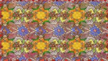 İşlemeli çiçekli, dikişsiz desen. Parmak izi, kumaş, duvar kâğıdı, tekstil için raster dokusu. Renkli grunge soyut arkaplanı colokahverengi çiçeklerle zenginleştirir.