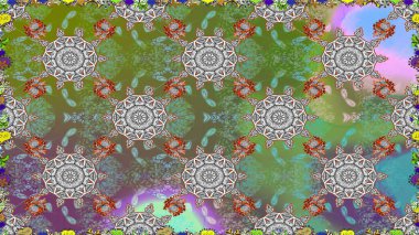 Moda baskıları için zarif bir şablon. Halk tarzı. Modern çiçek arkaplanı. Parlak renkli çiçekleri ve yeşil yaprakları olan, kusursuz çiçek desenleri..