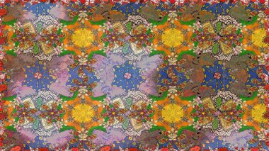 Renkli grunge, soyut arkaplanı colokahverengi çiçeklerle süslüyor. İşlemeli çiçekli, dikişsiz desen. İzler, kumaş, duvar kağıtları, tekstil için raster dokusu.