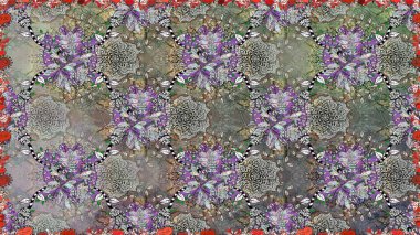 Moda baskıları için zarif bir şablon. Halk tarzı. Modern çiçek arkaplanı. Parlak renkli çiçekleri ve gri yaprakları olan, kusursuz çiçek desenleri..