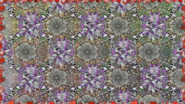 Raster illüstrasyonu. Gri renklerde bahar çiçekleri. Çiçek ve yapraklı karalama şeklinde Raster çiçek deseni.