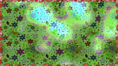 Tekstil için dikişsiz suluboya desen. Şirin çiçekleri, desenleri ve yeşil renkleri olan renksiz bir desen. El çizimi çiçek pürüzsüz desen (taş)).