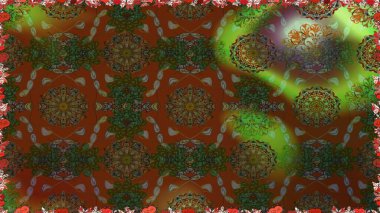 El çizimi çiçek unsurları olan soyut, dikişsiz raster deseni. Retro tekstil tasarım koleksiyonu. 1950-1960 motifleri. Kahverengi üzerine kahverengi. Çiçekli ipek eşarp..