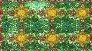 Raster geleneksel halk çiçekleri, yeşil, kahverengi ve nötr renklerde, tekstil tasarımı için. Çiçeksiz desenli nakış işlemeli gelincikler ve vadi zambaklarıyla.