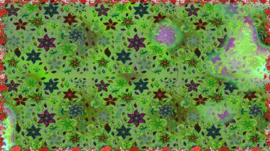 Raster illüstrasyonu. Çiçeklerle suluboya desenli çiçek deseni. Yeşil renkli Asyalı tekstil.