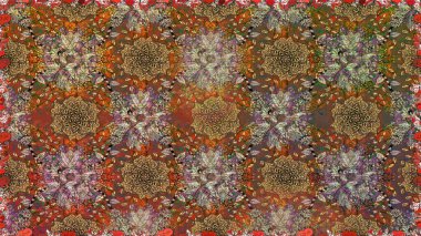 Kahverengi renkli Asya tekstili. Raster illüstrasyonu. Çiçeklerle suluboya desenleri.