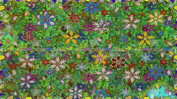 Yeşil renkte etnik çiçeklerle kusursuz bir desen. Raster Çiçek İllüstrasyonu güzel tekstil..