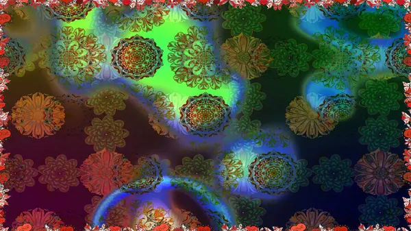 Etnik Mandala havlusu. Raster Henna tarzı. Sınır Kızılderili çiçekli paisley patten. Tebrik kartı geçmişi, boyama kitabı, arkaplan ve tekstil için kullanılabilir. Kusursuz süs izi..