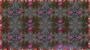 Gri renkli etnik çiçeklerle kusursuz bir desen. Asya Tekstil 'inde Raster Çiçek İllüstrasyonu.