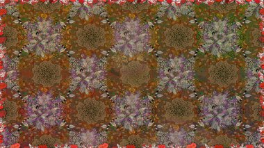 Düz Çiçek Elementleri Tasarımı. Renkli Bahar Temalı Kusursuz Arkaplan. Raster illüstrasyonunda kusursuz çiçek deseni. Kahverengi renkte çiçekler.