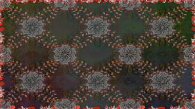 Halk tarzı. Moda baskıları için zarif bir şablon. Parlak renkli çiçekleri ve gri renkli yaprakları olan kusursuz çiçek desenleri. Modern çiçek arkaplanı.