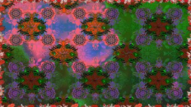 Yeşil arka planda. El çizimi çiçekli, pürüzsüz bir desen. Tekstil, kumaş, ambalaj, hatıra defteri için hoş bir çiçek arkaplanı. Çocuksu tasarım.