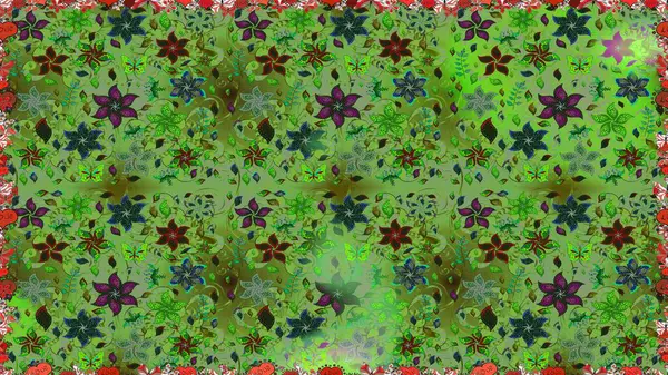 Yeşil renkli Asya tekstili. Çiçeklerle suluboya desenli çiçek deseni. Raster illüstrasyonu.