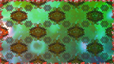 Yeşil yeşile. 1950-1960 motifleri. Retro tekstil tasarım koleksiyonu. Çiçekli ipek eşarp. El çizimi çiçek elementleriyle soyut, dikişsiz raster deseni..