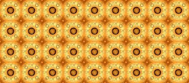 Sembol bayramı, yeni yıl kutlamaları, altın desenler. Noel altın kar tanesi kusursuz desen. Kış kar dokusu duvar kağıdı. Sarı, turuncu ve kahverengi üzerine altın kar taneleri.