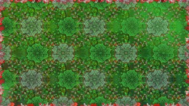 Yeşil renkte etnik çiçeklerle kusursuz bir desen. Raster Çiçek İllüstrasyon Şirin Tekstil.