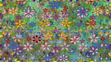 Düz Çiçek Elementleri Tasarımı. Renkli Bahar Temalı Kusursuz Arkaplan. Yeşil renkli çiçekler. Kusursuz çiçek deseni. Asya tekstil tarzında. Raster illüstrasyonu.