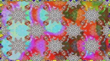 Çiçek duvar kağıdı. Gri renklerde. Kusursuz desen. Hint süsü. Raster illüstrasyonu. Renkli süs kenarı.