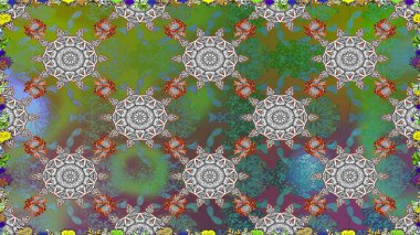 Çiçekli, suluboya desenli kusursuz çiçek deseni. Düz Çiçek Elementleri Tasarım Raster illüstrasyonu. Yeşil renkte çiçekler. Renkli Bahar Teması: Kusursuz Arkaplan.