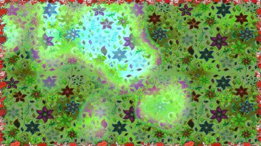 Düz Çiçek Elementleri Tasarımı. Raster illüstrasyonunda kusursuz çiçek deseni. Yeşil renkli çiçekler. Renkli Bahar Teması Kusursuz Arkaplan.