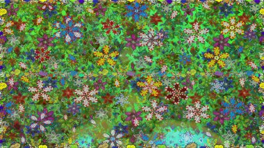 Raster illüstrasyonu. Yeşil renkli çiçekler. El çizimi çiçekleri olan soyut, pürüzsüz desen.