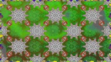 Raster Illustrasyon 'da moda olmayan çiçek deseni. Düz Çiçek Elementleri Tasarımı. Renkli Yaz Temalı Kusursuz Arkaplan. Güzel kumaş deseni.