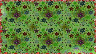 Kusursuz çiçek deseni. Asya tekstil tarzında. Güzel kumaş deseni. Raster illüstrasyonu. Renkli Bahar Temalı Kusursuz Arkaplan. Düz Çiçek Elementleri Tasarımı.