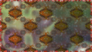 Kahverengi üzerine kahverengi. Retro tekstil tasarım koleksiyonu. 1950-1960 motifleri. Çiçekli ipek eşarp. El çizimi çiçek elementleriyle soyut, dikişsiz raster deseni..