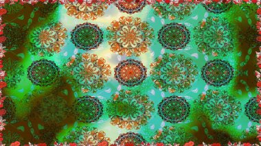 Raster illüstrasyonu. Çiçek ve yapraklı karalama şeklinde Raster çiçek deseni. Yumuşak, yeşil renkte bahar çiçekleri.