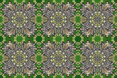 Raster geometrik arka plan. Altın desenli gri, yeşil ve bej renklerde altın çiçekli elementler. Altın rengi, kusursuz çizim. Senin tasarımın için, duvar kağıdı..