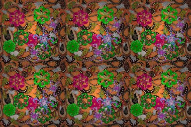 Şirin çiçekli, turuncu, bej ve siyah renklerde yaprakları olan kusursuz desenli suluboya çiçek desenli, duvar kâğıdı, kart ya da kumaş için fayanslı. Raster illüstrasyonu.