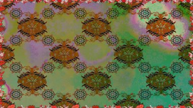 Halk tarzı. Parlak renkli çiçekleri ve yeşil renkli yaprakları olan kusursuz çiçek desenleri. Moda baskıları için zarif bir şablon. Modern çiçek arkaplanı.