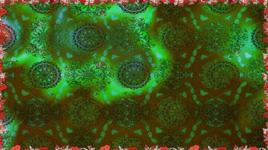 Kusursuz çiçek deseni. Düz Çiçek Elementleri Tasarımı. Asya tekstil tarzında. Renkli Bahar Temalı Kusursuz Arkaplan. Raster illüstrasyonu. Yeşil renkte çiçekler.