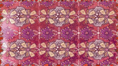 Asya tekstil tarzında. Düz Çiçek Elementleri Tasarımı. Raster illüstrasyonu. Renkli Bahar Temalı Kusursuz Arkaplan. Kusursuz çiçek deseni. Pembe renkte çiçekler.