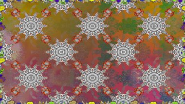 Düz Çiçek Elementleri Tasarımı. Raster illüstrasyonu. Çiçekli, suluboya desenli kusursuz çiçek deseni. Kahverengi renkli çiçekler. Renkli Bahar Teması Kusursuz Arkaplan.