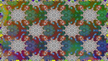 Ağaç dallı bahar çiçekleri ile desen, çiçek siluetiyle yeşil renkler. Raster deseni.