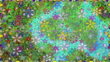 Halk tarzı. Modern çiçek arkaplanı. Moda baskıları için zarif bir şablon. Parlak renkli çiçekleri ve yeşil yaprakları olan, kusursuz çiçek desenleri..