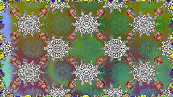 Kabile sanatı boho baskısı, klasik çiçek arkaplanı. Arkaplan dokusu, duvar kağıdı, yeşil renkli çiçek teması. Soyut etnik raster pürüzsüz desen.