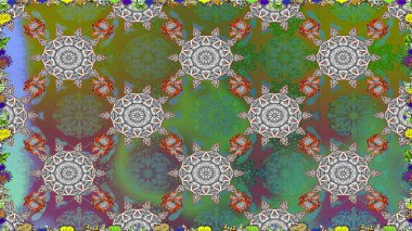 Kabile sanatı boho baskısı, klasik çiçek arkaplanı. Arkaplan dokusu, duvar kağıdı, yeşil renkli çiçek teması. Soyut etnik raster pürüzsüz desen.