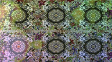 Çiçek kiremitleri. İslam tasarımı. Kusursuz desenli oryantal süs. Gri renkli ve altın elementli altın desenli. Raster altın tekstil baskısı.