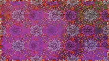 Modern çiçek arkaplanı. Halk tarzı. Parlak renkli çiçekleri ve mor renkli yaprakları olan kusursuz çiçek desenleri. Moda baskıları için zarif bir şablon.