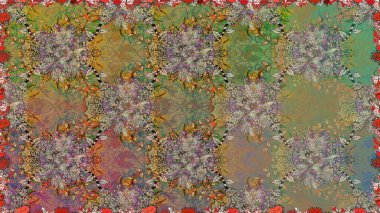 Raster çiçekleri klasik tarzda çizilmiş. Çiçekli, pürüzsüz bir desen. Raster illüstrasyonu. Yumuşak, bahar çiçekleri kahverengi renklerde.