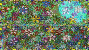 Küçük çiçekte hoş bir çiçek deseni var. Yeşil renkler ve parlak çiçekler üzerinde soyut, pürüzsüz desen. Çiçek elementli zarif raster dokusu..