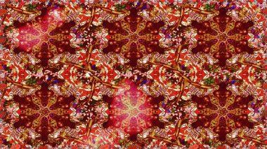 Kırmızı renkte altın bir element. Barok tarzında altın çiçekli süs. Damask arkaplanı. Altın çiçekli, pürüzsüz desen.