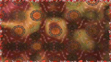 Çiçeksiz desenli nakış işlemeli gelincikler ve vadideki zambaklar. Tekstil tasarımı için kahverengi renkli geleneksel halk çiçekleri buketi.