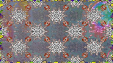 Çok renkli, zarif küçük çiçekler ve gri renkli komik böcekler, raster desen, illüstrasyon.