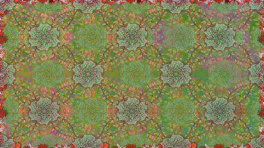 Renkli Bahar Temalı Kusursuz Arkaplan. Sevimli çiçek raster deseni. Düz Çiçek Elementleri Tasarımı. Yeşil renkte çiçekler.